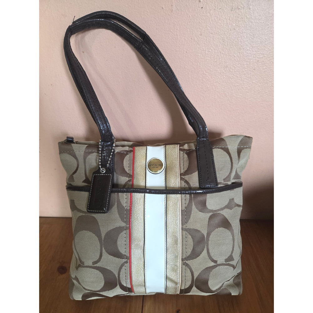 Authentic Coach Monogram Khaki and Vermillion Striped Shoulder Bag Tote Medium